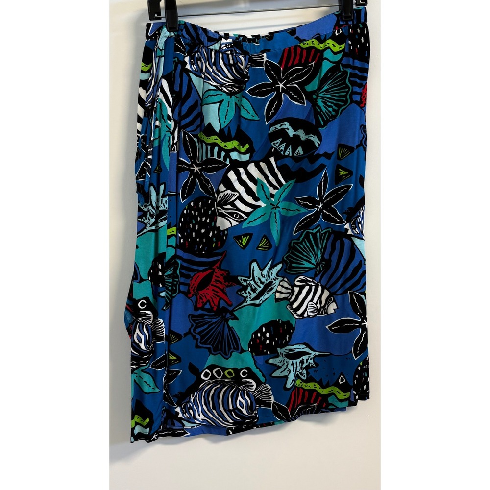 Vintage Chaus Blue Tropical Fish Sea Life Print Rayon Wrap Midi Skirt Womens 16